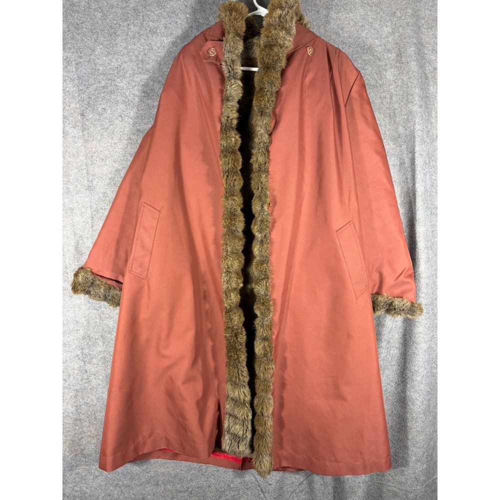 Vintage 70s Smug Womens Rust Orange Faux Fur Lined Trench Coat Long Jacket Parka
